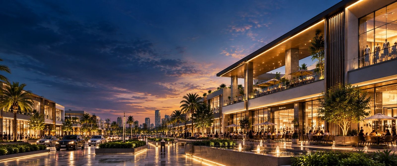 Artistic impression of the GYGY Sector 135 retail high street at dusk